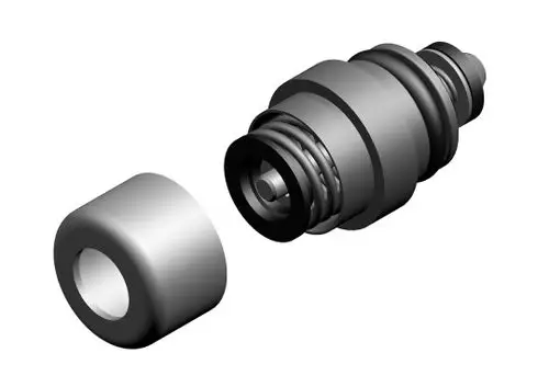 Gasventil von Bosch, bestehend aus einem Zylinder mit mehreren Ringen und einem abnehmbaren Gehäuseteil, dargestellt in technischer 3D-Ansicht.